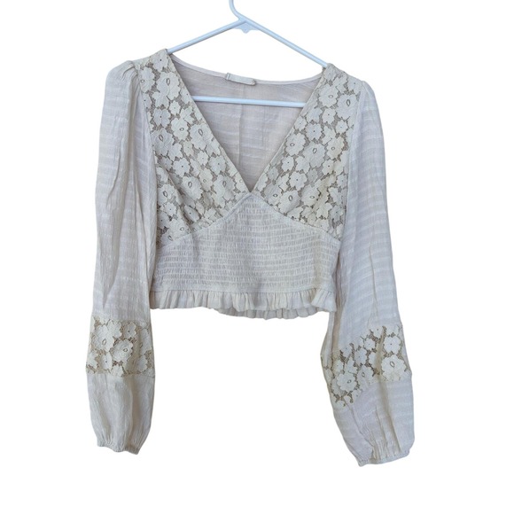 Altar'd State Tops - Altard State Cream Lace Smocked Crop Top Long Sleeve V-Neck Boho Medium